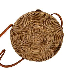 Amerii Ata Penida Rattan Round Crossbody Bag Tan Woven Straw Leather Handmade